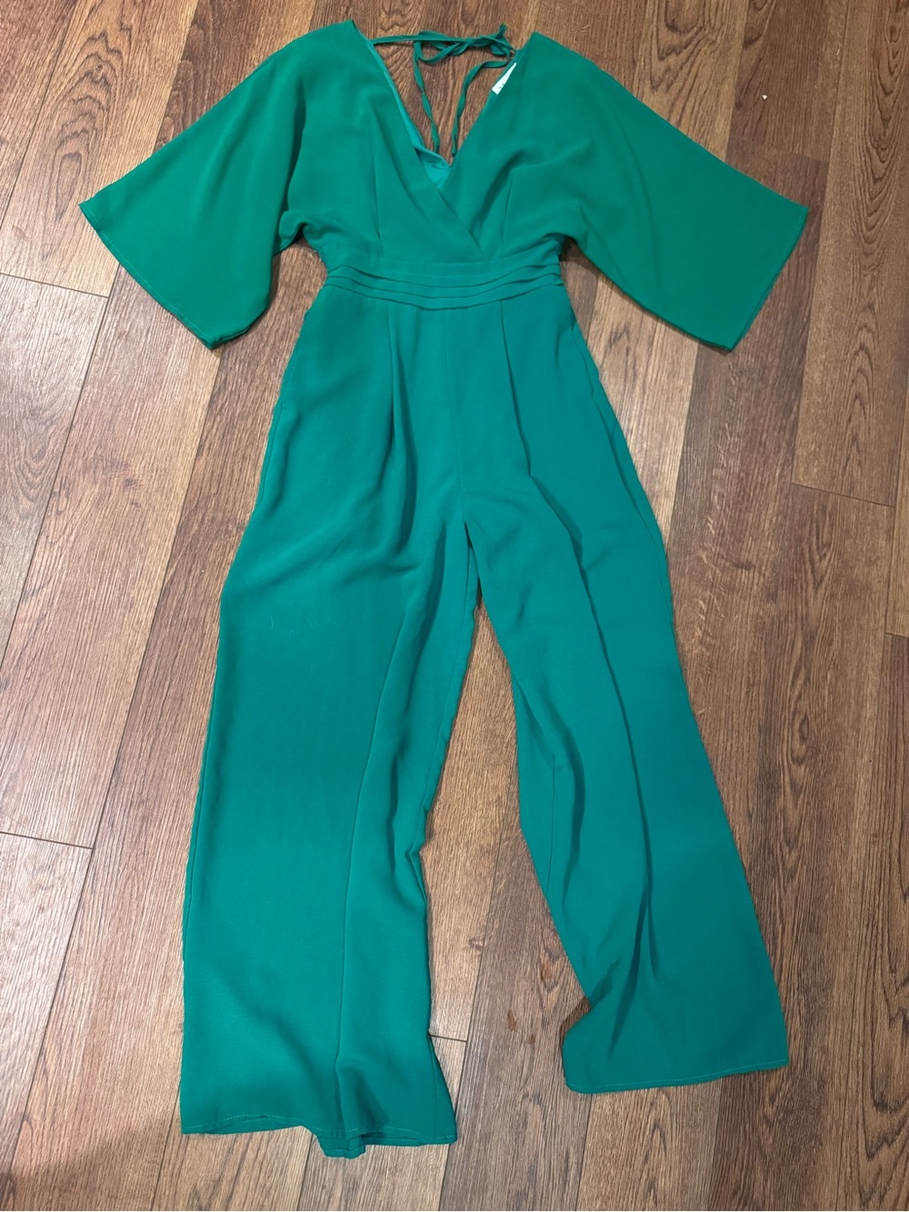 Green V-Neck Wide-Leg Jumpsuit with Waist Detail